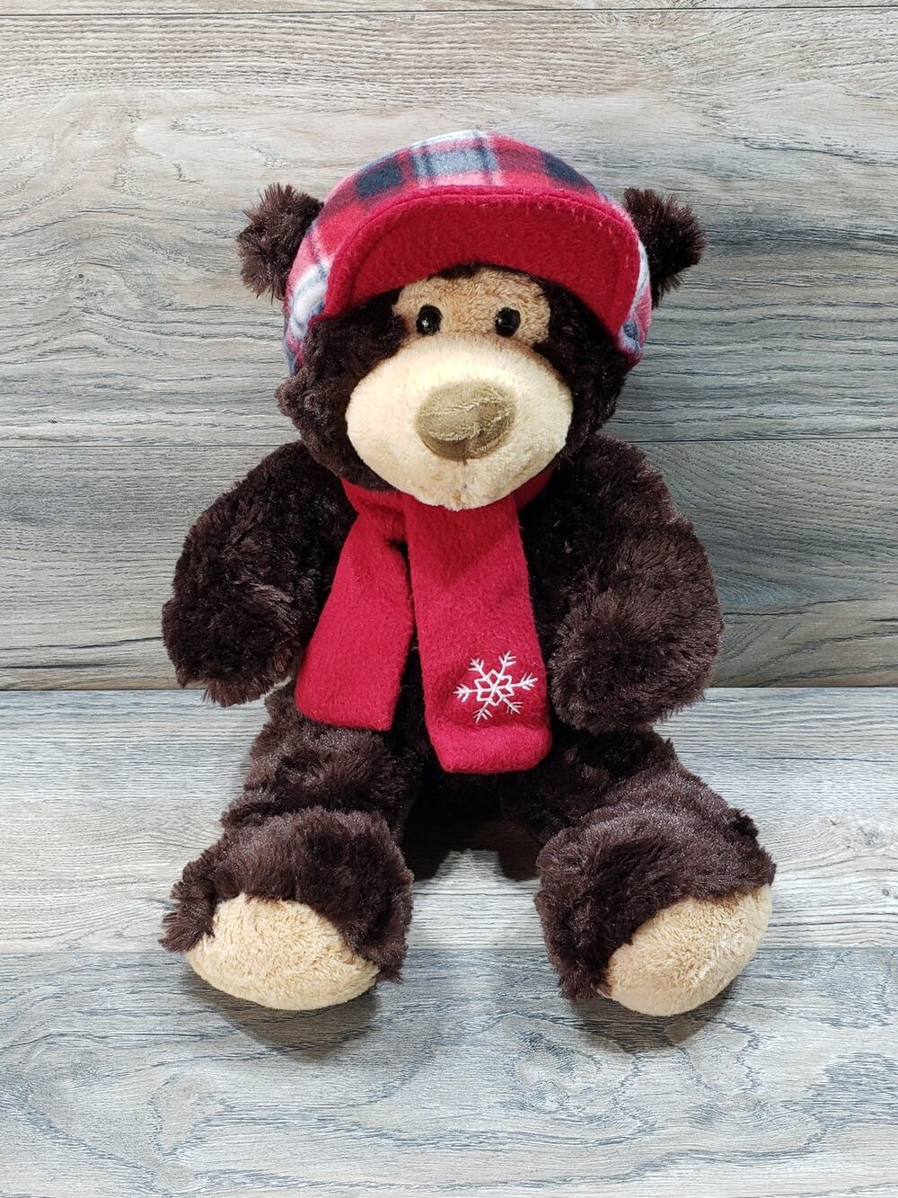 Hugfun St. Jude Teddy Bear Dark Brown Plaid Hat Scarf Stuffed Animal